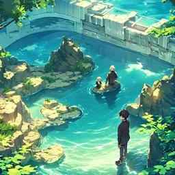 In the anime, a young male character is near the green lake in the sunset afternoon.