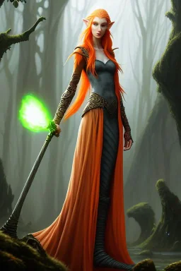 painting of a tall elven young woman with short light orange hair and freckles on the cheak bones and tall body of a topmodel light clothes, long shot, ultra realistic, concept art, intricate details, eerie, highly detailed, photorealistic, octane render, 8 k, unreal engine. art by artgerm and greg rutkowski and charlie bowater and magali villeneuve and alphonse mucha