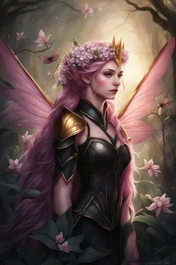 Pink,Hydrangea,orchids,lilies of the valley,night,pink hair,rapunzel hair,elven crown,dragonflies,pointed ears,elven ears,dark fairy princess,sparkle,,dark gold armour,fairy wings,pink