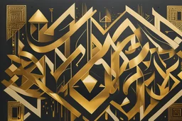 ارسم لوحة فنية زخارف حروف عربية وأشكال هندسية باللونين الأسود والذهبي