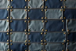 leather background covered with a grid of many rectangular weathered and faded canvas patches (navy blue) that are each stitched (brown) and nailed (brass) around the edges