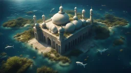 Hyper Realistic Aerial View of a Huge-Mosque sank deep within an ocean with lots of fishes & ocean-grass around at night with dramatic-&-cinematic-ambiance