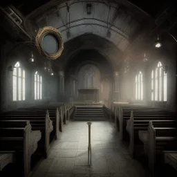 on old church interior full of people, scary, steam punk, realistic, made in octane, cinematic, ultra-realistic, extremely detailed octane rendering, 8K, VRAY Super Real ar 2:3, dof photorealistic futuristic 50mm lens hard lighting dark gray tintype photograph, realistic lighting, sepia color