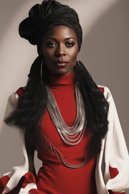 Portrait of a black woman wearing stylish red and silver dress.