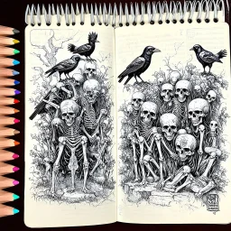 color pencil hand doodle sketch on a spiral binded notebook page, chaotic macabre cemetery scene with wacky skeletons and crows in the style of H.R. Giger and Os Gemeos, maximalism