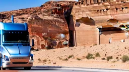 A Tesla semi-truck is racing at top speed, at Petra, in Jordan. CINEMATIC. WIDE ANGLE LENS.