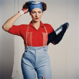 Dolorès Marat, La femme aux gants (Rosie the Riveter puts on her overalls over her_lingerie with gloves), 1987. go to the factory, with no inhibitions