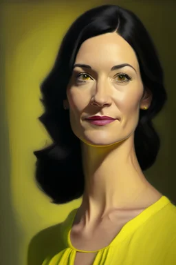 realistic Portrait of a woman in her thirties. she wears a yellow drees and has dark hair. she looks like a politcian