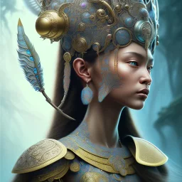 Sango fantasy, fantasy magic, intricate, sharp focus, illustration, highly detailed, digital painting, concept art, matte, art germ and Paul Lewin and Kehinde Wiley, masterpiece Mayan princess dancer head bronze feather's' Asian Latin girl nice breast brown hair turquoise silver blue sky