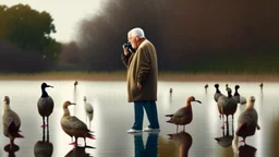 old man talks on phone while chasing ducks away,