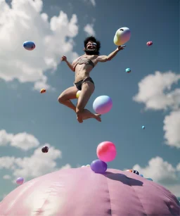 Ultra realistic speed clouds sky scene, wide angle view, sweet men falling down, Childs, feather inflatable color clothing, free jumping flying, many trinkets, hair monster, many jelly beans, balls, color smoke, smile, happy, circus style, extreme, wind, clouds sea, 20,000 feet altitude, stratosphere, soft color, highly detailed, unreal engine 5, ray tracing, RTX, lumen lighting, ultra detail, volumetric lighting, 3d, finely drawn, high definition, high resolution.