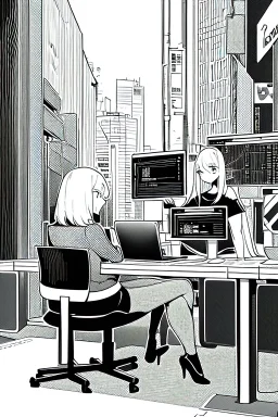 hacker girl use a laptop sitting in a public cafe, line arts, greyscale