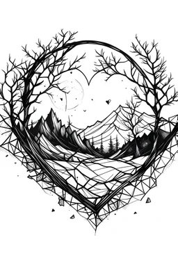 Generate an illustration, outline art , sketch style, mandala style, clean line art, White background, depicting a desolate landscape with a prominently featured broken heart at its center. Convey a sense of emotional pain and solitude through the surroundings. The broken heart should be positioned as a focal point, surrounded by a barren and melancholic environment, no shadows, clear and well outlined