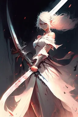 Warrior, wielding a long sword, in a white dress, white hair, short hair, cybernetic eyes, standing in mists, Female, dark art, Ivory Peach skin, cute