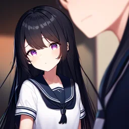 Clear focus,High resolution, Black long fluffy hair, long bangs, and purple eyes, Depressed girl, wearing a sailor uniform, cartoony style, half chibi, extreme close up, winking