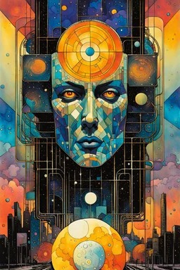 Create a chaotic abstract cubist Tarot Card depicting a post apocalyptic, The World , with highly detailed facial features, in the style of Bill Sienkiewicz, Philippe Druillet, Gustav Klimt, and Jean Giraud Moebius, precisely drawn, colored and inked