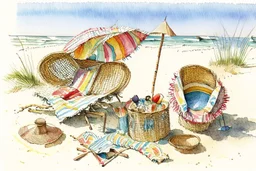 Two bright wicker armchairs on the sand of the beach, a colourful patchwork blanket thrown carelessly into one, hanging a little, a large straw hat with a large brim, a beach ball and a small sand shovel with a bucket on the floor. A few stray clumps of grass. Jean-Baptiste Monge style, S<AI watercolor and ink, intricate details, fantasy, beautiful, award winning, colorful, fantastic view, crisp quality, in sunshine