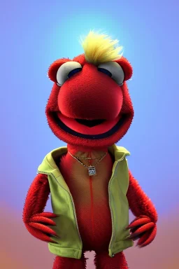 Waist up muppet Portrait, Nicolas maduro us muppet doll, Venezuelan president, tracksuit red blue and yellow, mustache, photo studio, red background, unreal engine 5, concept art, art station, ray tracing, lumen lighting, ultra detail, volumetric lighting, 3d.