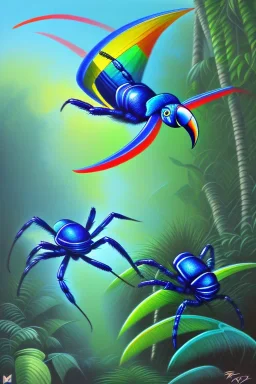 blue spider fight with one toucan, Post-Expressionism, jungle setting, soft pastel colors, mystical, acrylic paint, mystical,