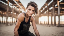 beautiful slender caucasian female technician, black tank top, well toned muscles, weathered face, scratched sand camo metal details, short brunette wavy bob haircut, dystopian, desert scene, using a handheld sensor