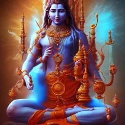 lord shiva meditating in the air, ultra realistic photo, blue colour, high key lighting, volumetric light high details psychedelic background