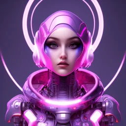 Cute girl in a robotic hijab suit,purple and pink backlight, orange lighting, profile