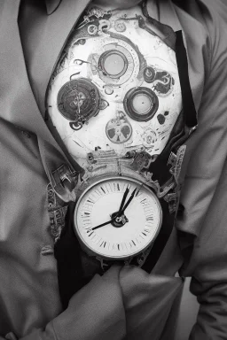 portrait, man with analog clock grafted into his chest AbstractTech clockpunk