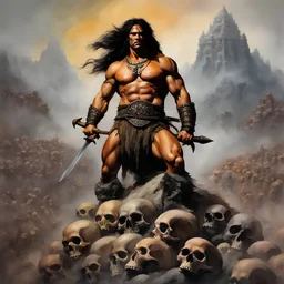 Conan the Barbarian standing on a mountain of Skulls, dark, multicolored watercolor stained wall in the background, oil painting in the art style of Frank Frazetta, 32k UHD, Hyper realistic, photorealistic, realistic, sharp, highly detailed, professional quality, beautiful, awesome, majestic, superb, trending on artstation