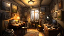 A hyper-realistic oil painting, a room filled with various styles of artwork hanging on the walls, depicting different scenes and emotions. The lighting is soft and warm, creating a cozy atmosphere. The paintings are meticulously detailed, showcasing the skill of the unnamed painter