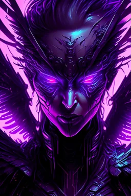 cyberpunk angel, glowing purple eyes, black metall skul, violet neon wings, black mantle, beast fangs, emotion of rage, horror them, hard-edge style, neon lights,highly detailed, high details, detailed portrait, masterpiece,ultra detailed, ultra quality