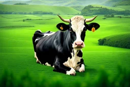 A cow sitting on an armchair in large soft green field