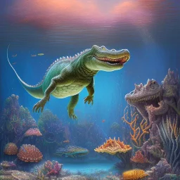 beautiful, stunning paleoart of masosaurus with alligator head, eel body and fins, swimming underwater, coral reefs, plants, in the style of eleanor kish, davide bonadonna, julius csotony, fabio pastor, wide field of view, Masosaurus, photorealistic, illustrative, digital art, 8k resolution, detailed matte, painting, artwork, deviantart