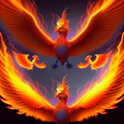 surreal illustration of a fiery phoenix, a flaming phoenix, realistic, surrealism, surreal phoenix with glowing fire wings, glowing soft and smooth wings, abstract surreal fantasy art, highly detailed, intricate patterns on wings, soft studio lighting, smooth dark blue background 64k