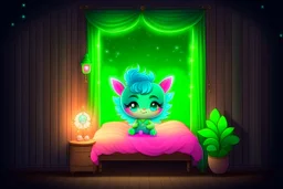 bioluminescent chibi cat fairy in a bedroom in starshine, mist