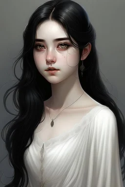 a 16 year old woman, white skin, medium length wawy black hair, beautiful face, black eyes, round body, in a white dress, realistic epic fantasy style