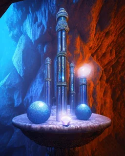 single blue crystal, on an altar in a foggy cave, cinematic,