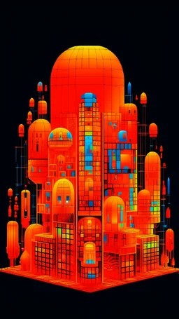 A neon orange digital realm with pixels designed in Matryoshka dolls painted by Alan Sorrell