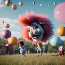 Ultra realistic circus scene. Sweet big hair monster flying. Child’s playing, strong man, smile, happy, color bubbles, smooth color, waist up view, Wes Anderson style, dark ambient, highly detailed, concept art, unreal engine 5, god rays, ray tracing, RTX, lumen lighting, ultra detail, volumetric lighting, 3d, finely drawn, high definition, high resolution.