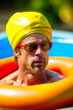 brad pitt sitting in donut swim ring with swimming-goggles and a bathing cap on