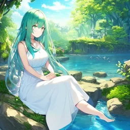 very gorgeous anime girl dressed in white dress, very detailed, trees, blue birds flying, green trees, creek,water, eyes closed, sitting on a rock meditation pose