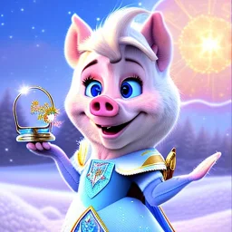 Flower , beautiful smiling pig elsa holding microphone, amazing blue eyes, happy cosmic, bright colors, blue, pink, gold, jewels, realistic, photo real, clear godly background, highly detailed, high contrast, 8k high definition, unreal engine 5, extremely sharp detail, light effect, sunny light background