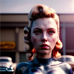 Ultra Realistic retro sci-fi movie Supermarket parking people scene, 1960 year, waist up view portrait, 1 blonde women with monster octopus alien, sweet scarlet Johansson face, perfect iris, glow eyes, face makeup, tight latex coat. many people looking, Retro sci-fi style, soft color, highly detailed, unreal engine 5, ray tracing, RTX, lumen lighting, ultra detail, volumetric lighting, 3d, finely drawn, high definition, high resolution.