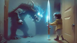 child disbands evil monster that came out of his closet with a magical sword