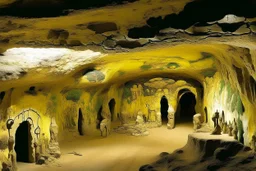 A pale greenish yellow underground mining village designed in Lascaux cave paintings painted by Claude Monet