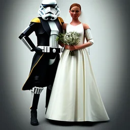 Portrait photo of a storm trooper with his beautiful wife on his wedding day