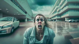 wide angle shot of crying woman driving through parking lot away from visible hotel building