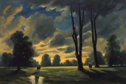 Trees, night, clouds, one person, 2000's sci-fi movies influence, alfred munnings impressionism painting