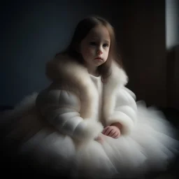 A girl, in a large puffer jacket, a white tutu skirt, resting, soft light
