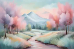 oil painting brush strokes on canvas drawing harmony visual landscape combination of colors, shapes, textures and other visual elements to create a sense of unity and balance. Pastel Colors: Soft pastel shades like blush pink, mint green, lavender and baby blue , a younger demographic or those aiming for a more whimsical and playful look.