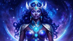 Full body portrait of a peaceful smiling guardian Goddess of the galaxies with a blue indigo purple skin, high skul, luminous eyes